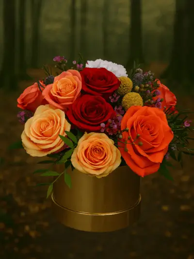 red and orange rose hatbox, hatbox flowers, sidcup florist