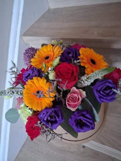 Lovely Bold Hatbox – Vibrant Mixed Flower Arrangement