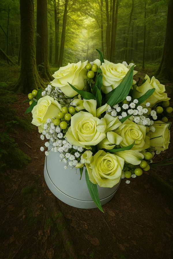 green roses hatbox Soft green roses and alstromeria