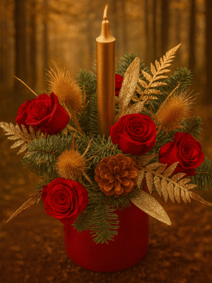 red and gold crimbo red and gold christmas table flowers, christmas table flowers