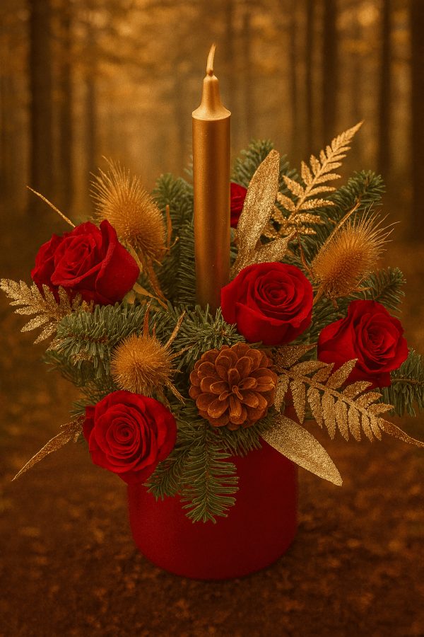 red and gold christmas table flowers, christmas table flowers
