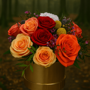red and orange rose hatbox, hatbox flowers, sidcup florist