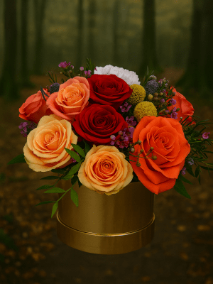 red and orange hatbox red and orange rose hatbox, hatbox flowers, sidcup florist