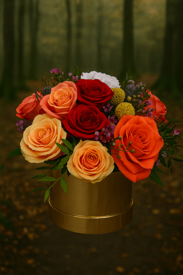 red and orange hatbox red and orange rose hatbox, hatbox flowers, sidcup florist