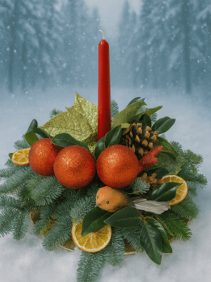red orange crimbo christmas flowers, christmas table display, copper table display