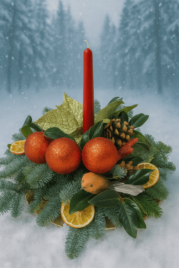 red orange crimbo christmas flowers, christmas table display, copper table display