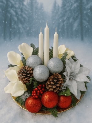 white and red crimbo Christmas Cheer Floral Display – Silver & White Flowers with Candles, Baubles & Cones