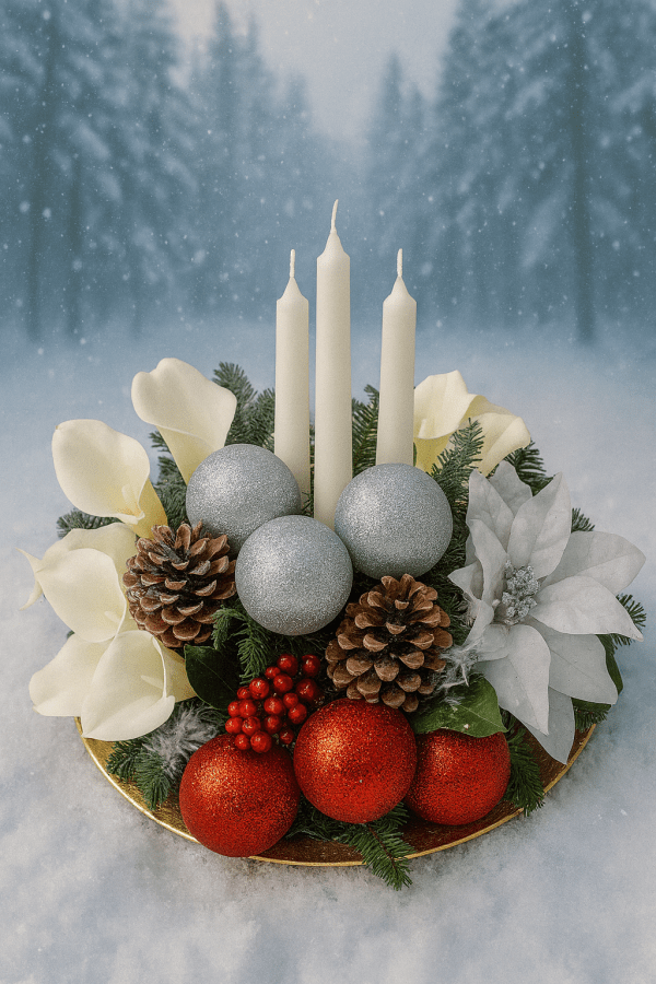 white and red crimbo Christmas Cheer Floral Display – Silver & White Flowers with Candles, Baubles & Cones