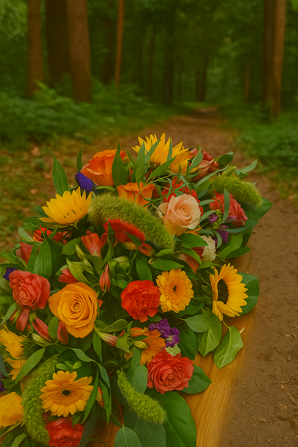 Colourful coffin spray funeral flowers by Kim-e-Fleurs in Sidcup